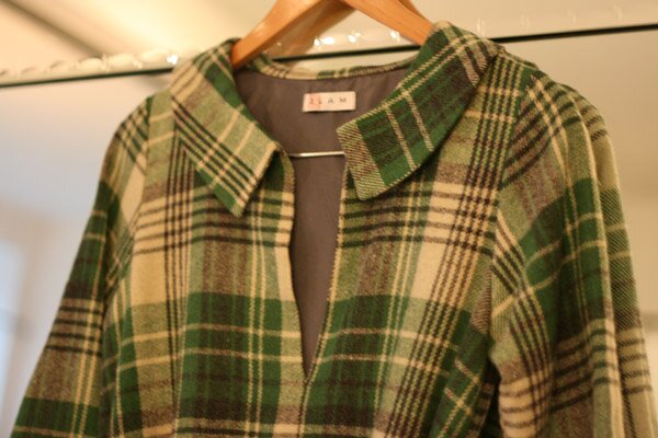 green check plaid jacket red lipstick